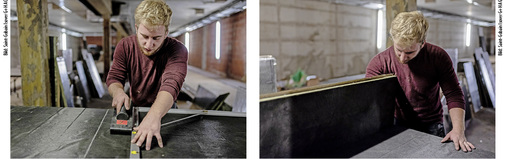 
3
 Mit speziellen Climaver-Schneidwerkzeugen und einem Anschlagwinkel zur Übertragung der gewünschten Maße auf die Platten entstehen in wenigen Schritten selbsttragende Kanäle. Auf der Innenseite der Climaver-A2-neto-Dämmplatte wird zunächst ein Stufenfalz erstellt und der Lüftungskanal anschließend gefaltet. 
