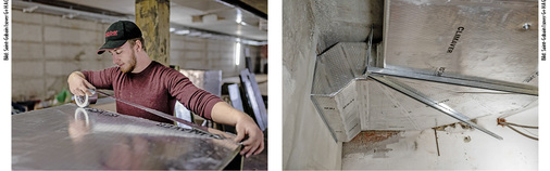 
4
 Dann werden die Überlappungsstreifen der Alukaschierung angetackert und die Plattenstöße mit dem Climaver-Klebeband luftdicht verklebt. Es können gerade Kanalsegmente und auch komplexe Formteile sicher umgesetzt werden. 
