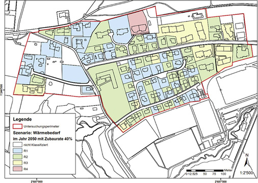 



3
 Beispiel „Szenario Wärmebedarf im Jahr 2050 mit einer Zubaurate von 40 % an Erdwärmesonden für den schweizerischen Ort Witikon.“ Farbig hinterlegt sind die klassifizierten Regenerationsanforderungen. 
