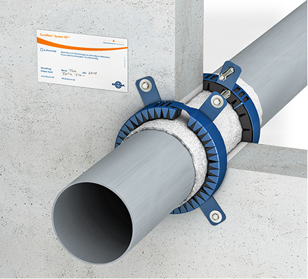 



3
 Bauart „Rohrabschottung brennbares Rohr in Massivwand“ mit einer Brandschutzmanschette Curaflam XS Pro. Die Abschottung besteht aus verschiedenen Bauprodukten, hier: Wand, Rohr, Brandschutzmanschette, Befestigungen, Isolierung. Wer die Bauart im Bauwerk herstellt, muss die Übereinstimmung mit den technischen Baubestimmungen und den Verwendbarkeitsnachweisen bestätigen und die Bauart mittels Beschilderung kennzeichnen. 
