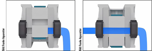 <p>
<span class="GVAbbildungszahl">3</span>
 FRAMIC-Ventil geschlossen (links) und offen. Bewegt wird der Keramik-schieber in der Mitte, die Keramikscheiben stehen fest. 
</p>