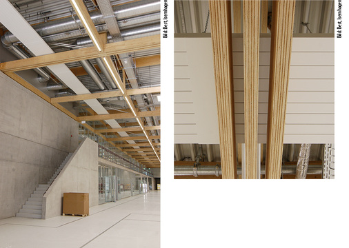 
4
 Sechs Strahlbänder je 42 m Länge erstecken sich in drei Linien durch die komplette Halle. Sie wurden knapp oberhalb der Holzkonstruktion platziert. Eine Längsseite des Gebäudes ist durch einen zweigeschossigen Einbau abgetrennt, die Treppe führt in die Büros und Schauräume. 
