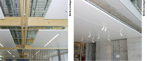 
5
 Die Deckensegel aus den Elementen HKE-EL prägen die Büros und Konferenzräume und verbessern die Akustik. Hier wurden sie im Raster der Holzkonstruktion installiert. Im Eingangsbereich wurde ein großes Segel installiert (rechts). In die Deckensegel lassen sich Leuchten und Sprinkler integrieren. 
