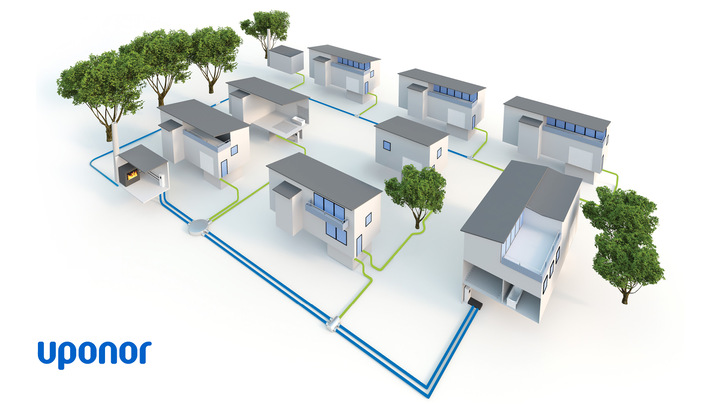 Alle Gebäude im Quartier werden über ein Nahwärmenetz von einem zentralen Blockheizkraftwerk effizient versorgt. - © Uponor