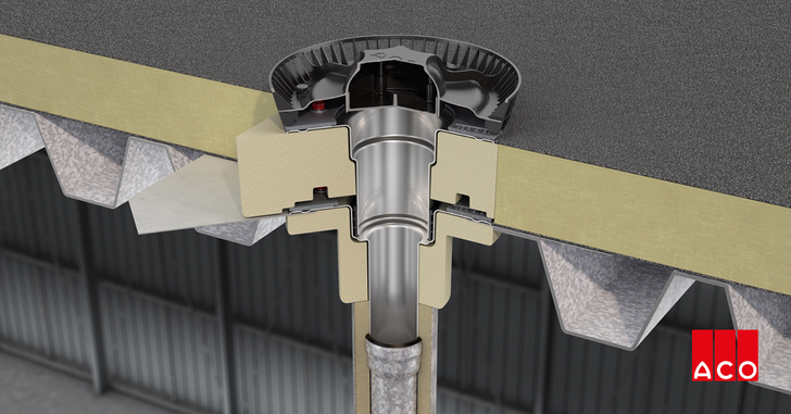 Als Systemlösung konzipiert, lässt sich ACO Variant-Flex objektspezifisch an verschiedenste Einbausituationen auf Flachdächern großer Gebäude anpassen. Hier zu sehen in einem Trapezblechdach mit Luftschleuse für die Unterdruckentwässerung und PUR-Iso.