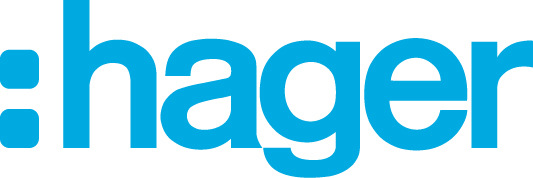 Hager-Logo in hellblauen Kleinbuchstaben mit einem Doppelpunkt-Symbol auf der linken Seite des Textes.