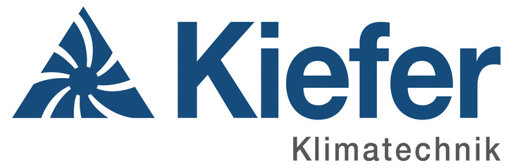 Kiefer Klimatechnik-Logo mit einem blauen abstrakten Symbol und dem Firmennamen in blauer und grauer Schrift.