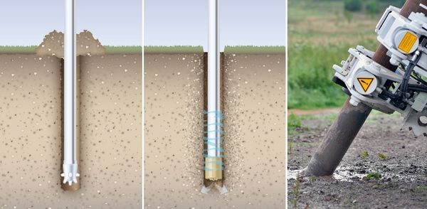 Bei klassischen Bohrmethoden wird das Gebirge mechanisch gelockert und zutage gefördert (links). Mit Geojetting wird es durch einen Hochdruckwasserstrahl zerkleinert und in die Formation verdrängt. - Vaillant