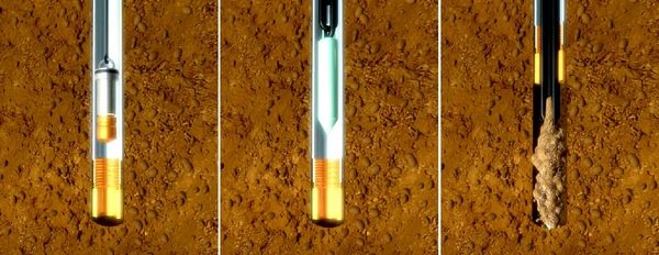 Bei Geojetting wird nach dem Bohren zunächst die Bohrkrone durch das Bohrgestänge geborgen (links). Anschließend wird die Erdsonde durch die noch im Boden befindlichen Bohrrohre eingebracht (Mitte) und verpresst (rechts). - Vaillant