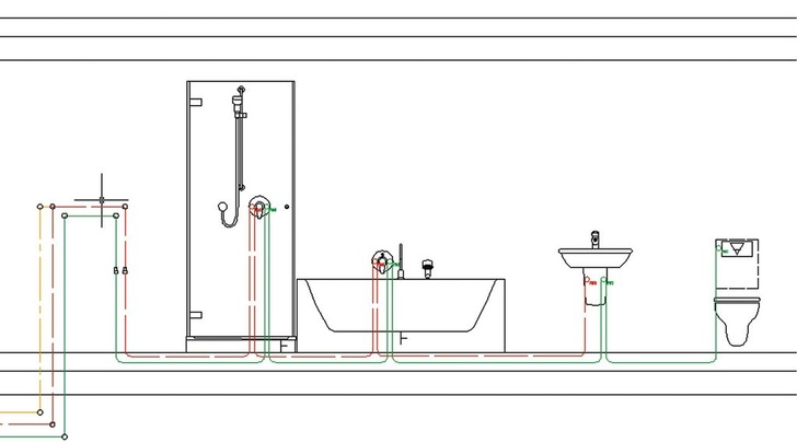 Bild 4 Durchgeschleifte Reihenleitung mit Hauptverbraucher am Ende — hier: ein WC — in einer für Einfamilienhäuser typischen Nutzereinheit. - Viega