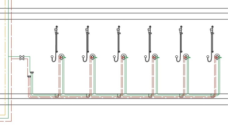 Bild 6 Ringleitungen sorgen bei Reihenduschen für den regelmäßigen Wasseraustausch, unabhängig davon, welche Zapfstelle benutzt wird.