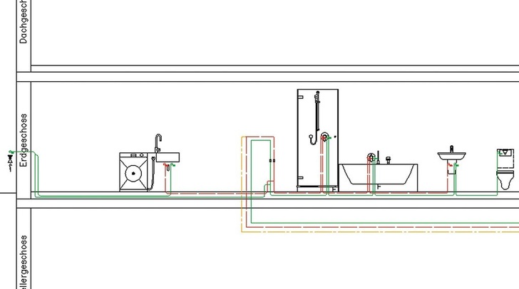 Bild 8 Aus dem vollen Installationsprogramm mit Einzel-, Reihen- und Ringleitung kann bei dieser für Einfamilienhäuser typischen Konfiguration geschöpft werden. - Viega