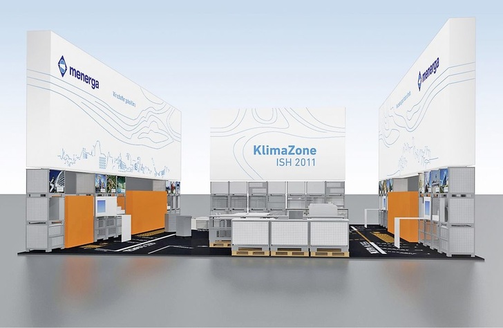 Der etwas andere Messestand auf der ISH/Aircontec 2011: Die Klima-Zone von Menerga. Er bestand fast ausschließlich aus wiederverwertbaren Waren- bzw. Geräteboxen sowie Europaletten. - Menerga