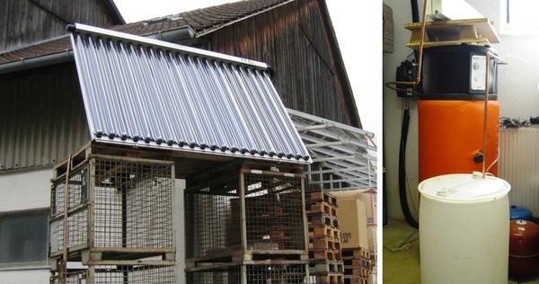 Versuchsaufbau: Der Solarröhrenkollektor beim Aqua-System von Paradigma wird direkt vom Heizungswasser durchströmt. Der Wärmeträger wird dabei besonders hohen Temperaturen ausgesetzt. Für praxisnahe Testbedingungen wurde als Pufferbehälter eine alte Luft/Wasser-Wärmepumpe verwendet. - Hannemann