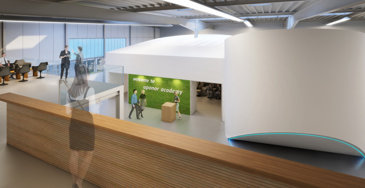 Blick von der Galerie mit Café-Lounge. - Uponor