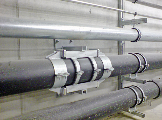 Für Rohre, bei denen Schweißen nicht möglich ist, z.B. PE-Rohre, gibt es von Mefa Festpunkte in Klemmausführung.