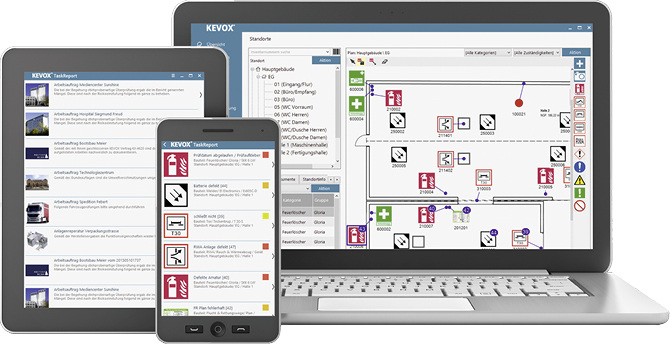 <p>Brandschutz-Dokumentationslösungen bestehen aus einer mobilen Erfassungs-App für Smartphones oder Tablets und einer Desktop-Auswertungssoftware.</p> - © Kevox