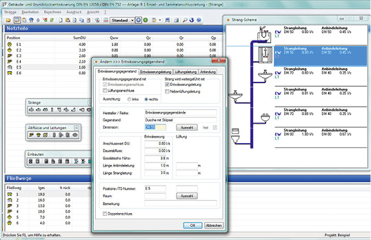 <p>Relevante Parameter von Sanitärobjekten oder Abwasserleitungen können angezeigt und modifiziert werden.</p> - © Solar-Computer