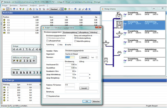 Relevante Parameter von Sanitärobjekten oder Abwasserleitungen können angezeigt und modifiziert werden.
