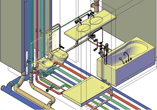 <p>Erfolgt die Abwasserplanung parallel zur Trinkwasserplanung, können Mehrfacheingaben vermieden und Kollisionskontrollen durchgeführt werden.</p> - © C.A.T.S. Software