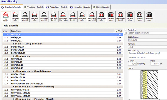 Baustoff- und Bauteilkataloge sind ein wichtiges Qualitätskriterium von U-Wert-Software.