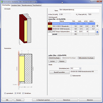 Während der Bauteildefinition oder -bearbeitung wird parallel anhand einer Grafik der Bauteilaufbau inklusive aller Materialschichten zwei- oder dreidimensional angezeigt. - © ZUB Systems Während der Bauteildefinition oder -bearbeitung wird parallel anhand einer Grafik der Bauteilaufbau inklusive aller Materialschichten zwei- oder dreidimensional angezeigt. - © ZUB Systems