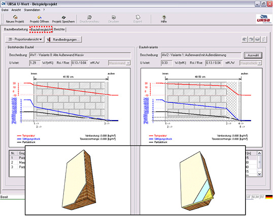 Zu den Ausgabedaten zählen Bauteilvergleiche, teilweise auch die mögliche Energie- und Kosteneinsparung von Bauteilvarianten.