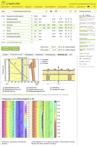 Interessant sind webbasierte U-Wert-Rechner, weil Programm und Daten stets aktuell sind und sich Material- und Bauteilkataloge durch die Anwenderbeteiligung vergrößern können.
