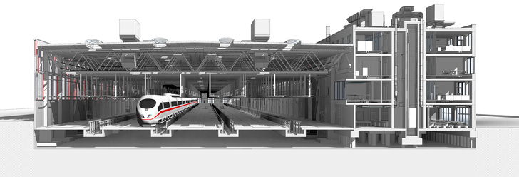 In der neuen Instandhaltungshalle in Köln-Nippes werden zukünftig ICE-4-Züge gewartet. Die Beheizung und Kühlung aller Werksteile erfolgt ausschließlich durch Geothermienutzung. - Deutsche Bahn AG
