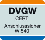Konformitätszeichen “DVGW CERT Anschlusssicher W540“. - © DVGW CERT
 Konformitätszeichen “DVGW CERT Anschlusssicher W540“. - DVGW CERT