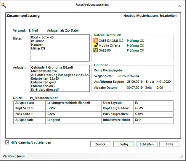 G&W: Zusammenfassung der per E-Mail zu ver­sendenden Daten im Ausschreibungsassistenten.