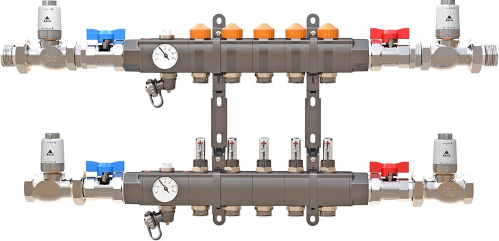 PYD-Thermosysteme: PYD-Dynab-Verteiler mit 4-Leiter-Anschlussgruppe. - © Bild: PYD-Thermosysteme
