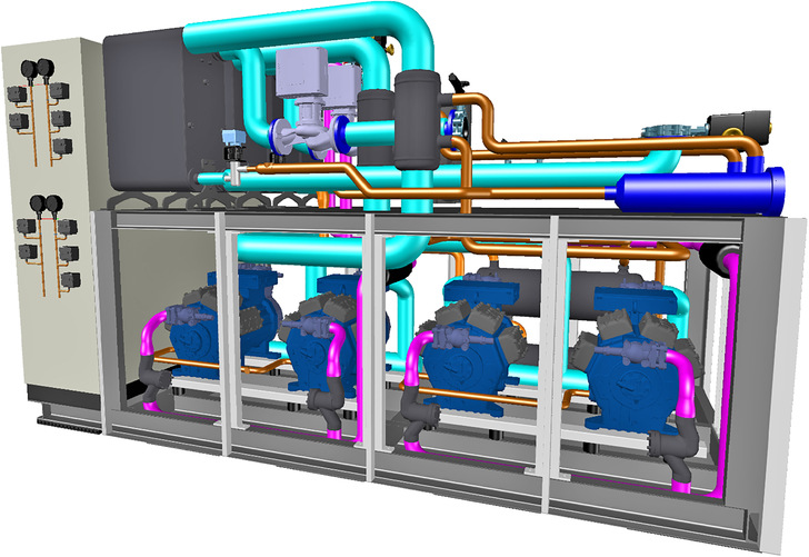 Bild 1: CAD-Zeichnung der kundenspezifisch ­ausgelegten Combitherm-Wärmepumpe HWW 1400 R134a mit einer Heizleistung 
von 800 kW (26/75 °C).h CAD-Zeichnung der kundenspezifisch ausgelegten Combitherm-Wärmepumpe HWW 1400 R134a mit 
einer Heizleistung von 800 kW (W26/W75 °C).
