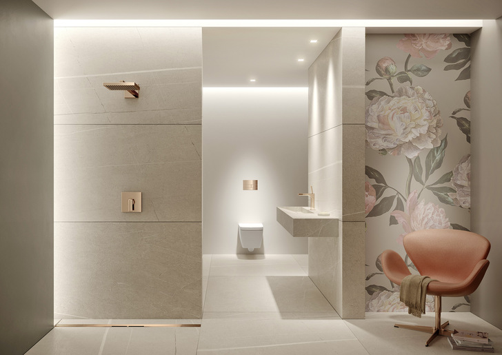 Tecesquare Metall und Tecedrainprofile farblich auf Armaturen von hansgrohe/Axor abgestimmt.