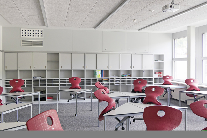 1 Schullüftung quasi ohne Raumverlust: An der hinteren Wand sind von der dezentralen Anlage mit einem FVS-Eco 2 School-600-Gerät lediglich die Luftdurchlässe (links) und die Revisionsklappen (rechts über der Regalwand) zu erkennen und …