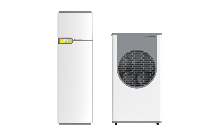 Auf der ISH 2019 von Waterkotte erstmalig der Öffentlichkeit präsentierte Luft/Wasser-Wärmpumpe EcoTouch Ai1 Air Bloc mit dem Kältemittel R32.