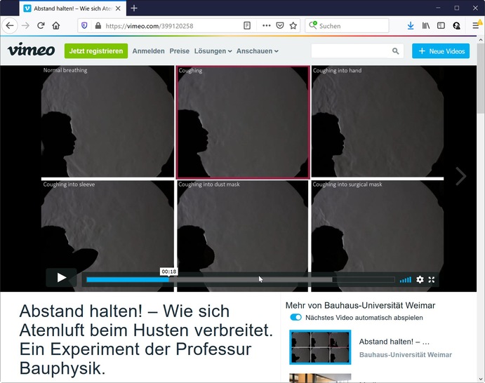 Abstand halten! – Wie sich Atemluft beim Husten verbreitet. Ein Experiment der Professur Bauphysik an der Bauhaus-Universität Weimar. - © vimeo / Bauhaus-Universität Weimar
