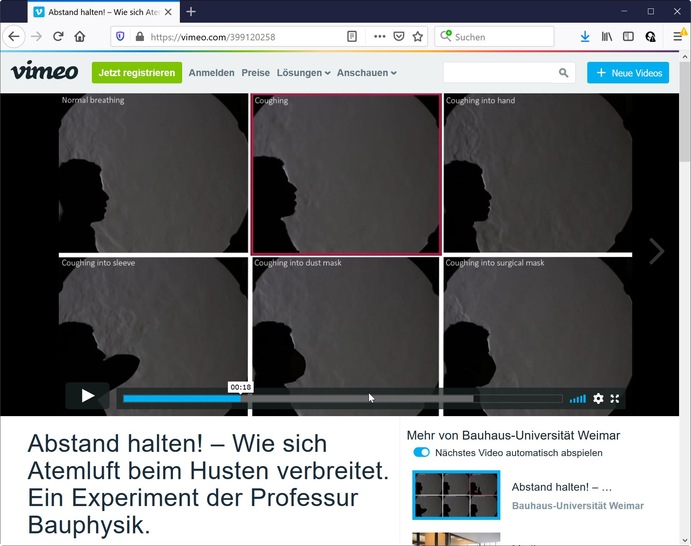 Abstand halten! – Wie sich Atemluft beim Husten verbreitet. Ein Experiment der Professur Bauphysik an der Bauhaus-Universität Weimar.
