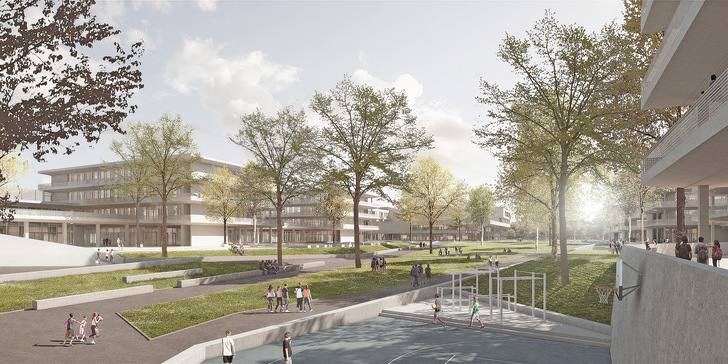 1 Der Bildungscampus Freiham in München ­umfasst verschiedene schulische Angebote sowie ein großzügiges Areal.