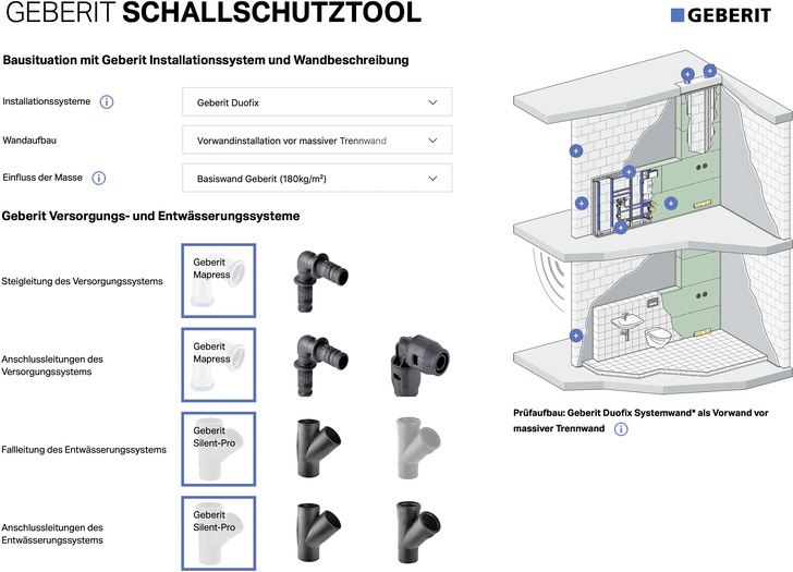 Geberit: Das Schallschutztool ermittelt die zu erwartenden Installationsgeräusche von mehr als 2000 Bausituationen.