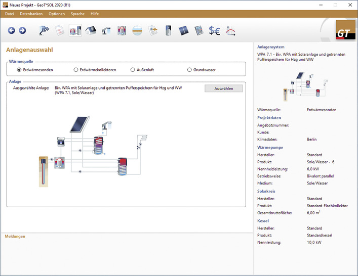 Valentin: Anlagenauswahl in GeoT*SOL 2020. - © Bild: Valentin Software
