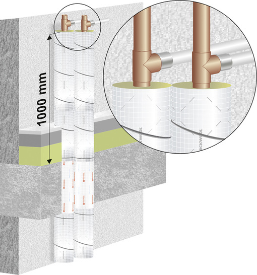Bild 1: Ein Kunststoffrohr, das außerhalb der brandschutztechnisch notwendigen Dämmung einer Ver- oder Entsorgungsleitung aus Metall abzweigt, muss nicht ertüchtigt werden (aBG Z-19.53-2426).