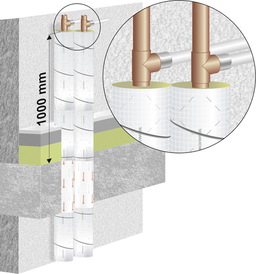 Bild 1: Ein Kunststoffrohr, das außerhalb der brandschutztechnisch notwendigen Dämmung einer Ver- oder Entsorgungsleitung aus Metall abzweigt, muss nicht ertüchtigt werden (aBG Z-19.53-2426). - © Bild: Rockwool
