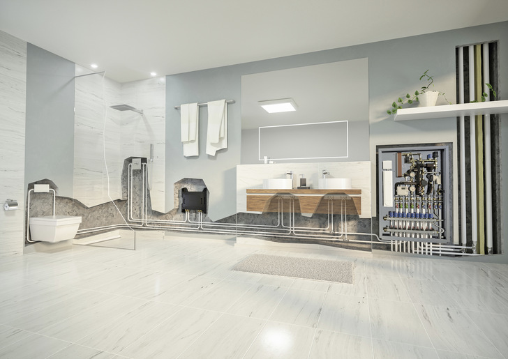 Bild 1:  Die Kombination aus dezentraler Trinkwassererwärmung im Durchlaufprinzip, 
Durchschleif-Ringinstallation und bedarfsgerechter Hygienespülung bringt Hygiene, Komfort und Energieeffizienz sicher in Einklang.