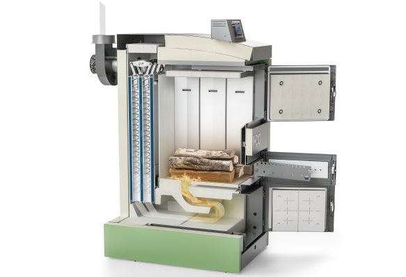 Schnittbild eines Scheitholzvergaserkessels.