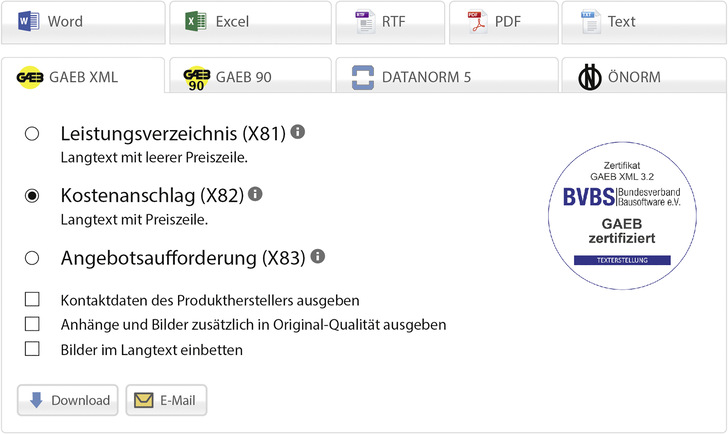 Exportauswahl in Ausschreiben.de.