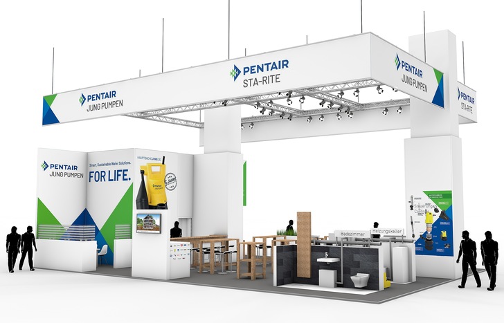 Stand-Konzept der Pentair-Marken Jung Pumpen und Sta-Rite für die ISH 2019. Kundennähe auf dem Messestand und das Hygienekonzept der Frankfurter Messe lassen sich aus Sicht von Pentair Jung Pumpen nicht vereinbaren.