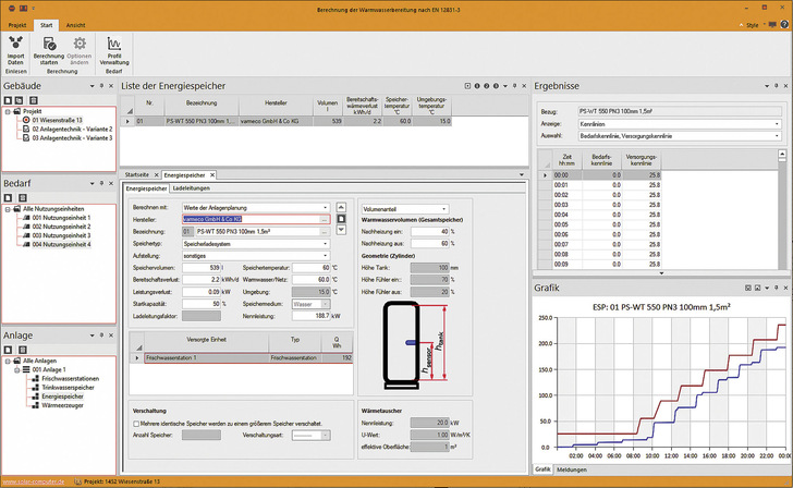 Solar-Computer: Dialog in „TW-Erwärmungsanlagen DIN EN 12831-3“.