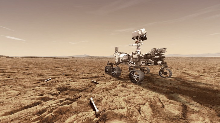 Der US-Rover Perseverance soll auf dem Mars Stein- und Staubproben unter anderem in superkeimfreien ­Probenrohren sichern. - © NASA/JPL-Caltech 

