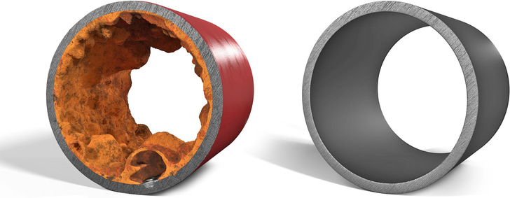 Minimax: Fendium Rohre (rechts) sind polymerveredelt und damit korrosionsgeschützt. - © Minimax
